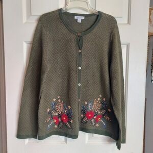 TOG Shop Cardigan Sweater Women Large Green Floral Embroidered Button Cotton